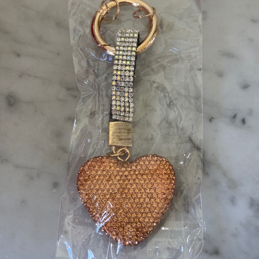 Rose Gold Rhinestone Pink Heart Keychain Bling Bag Charm New in Packaging